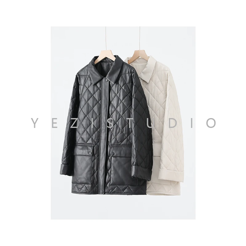 意大利進口菱形格羊皮鹅绒加厚外套23312308