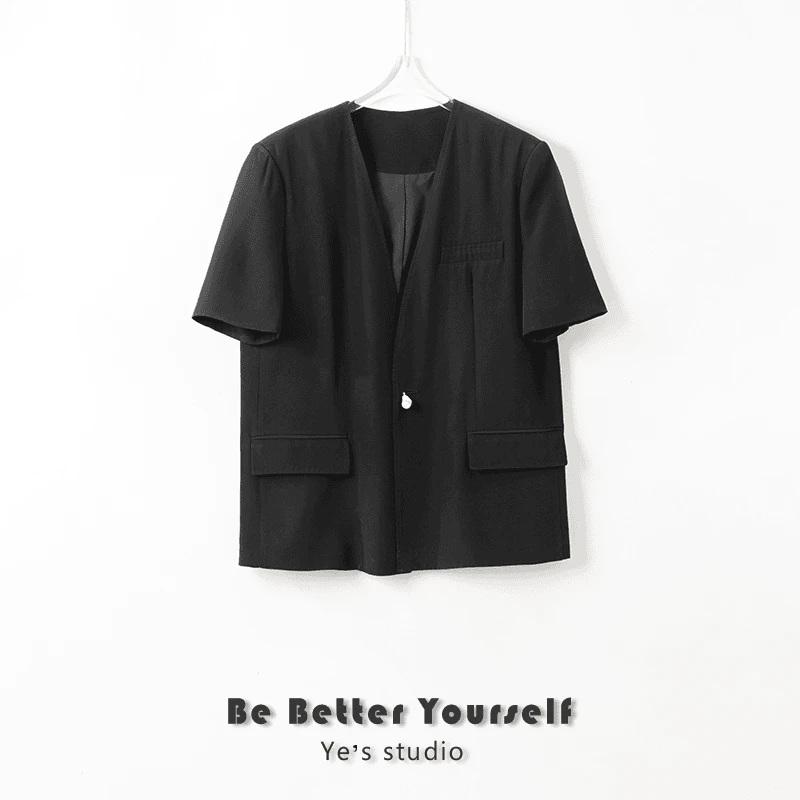 ins高阶休闲风醋酸短袖珍珠扣西装外套23115630
