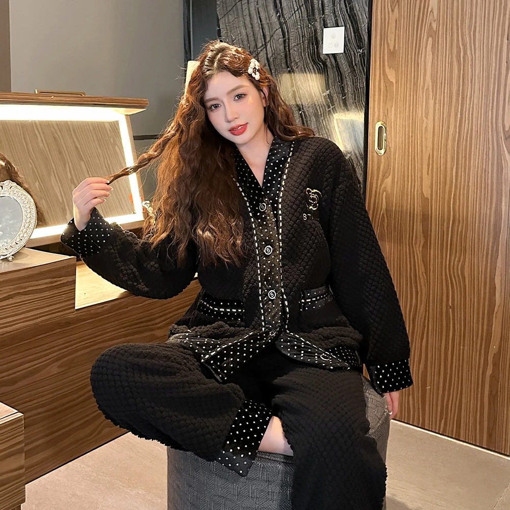 小香风2023年新款秋冬季睡衣女法兰绒加厚加绒保暖珊瑚家居服套装