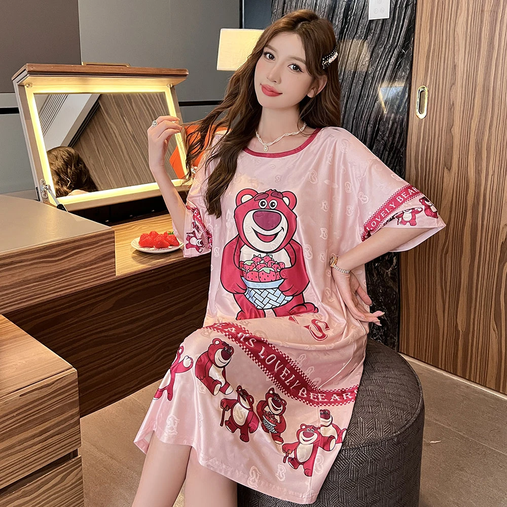 【妙妙家】带胸垫夏季薄款提花睡裙女小性感大码宽松休闲圆领睡裙