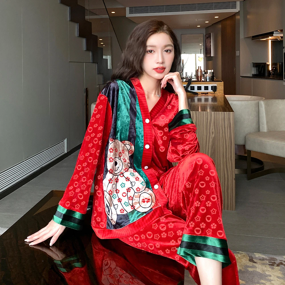 红色本命年金丝绒睡衣女春秋季长袖可爱卡通秋冬家居服套装可外穿