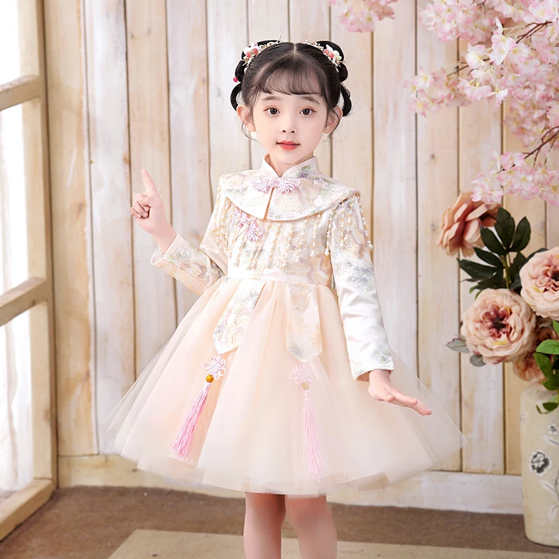 古装春季长袖儿童连衣裙春秋女孩旗袍2024春装新款中国风女童汉服