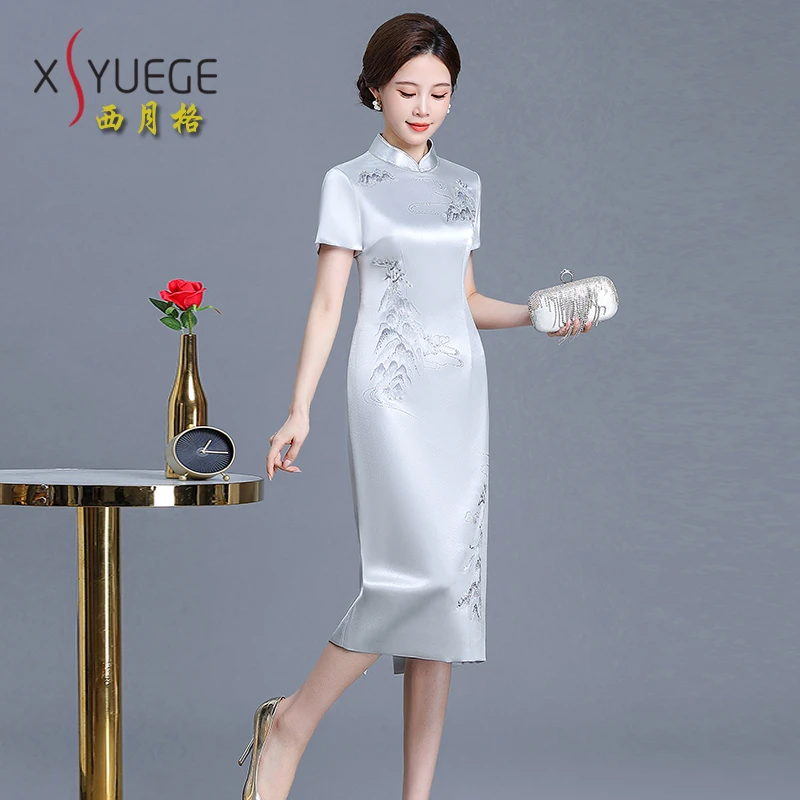 新款妈妈婚礼气质醋酸礼服秋装高端喜婆婆婚宴装高贵旗袍平时可穿