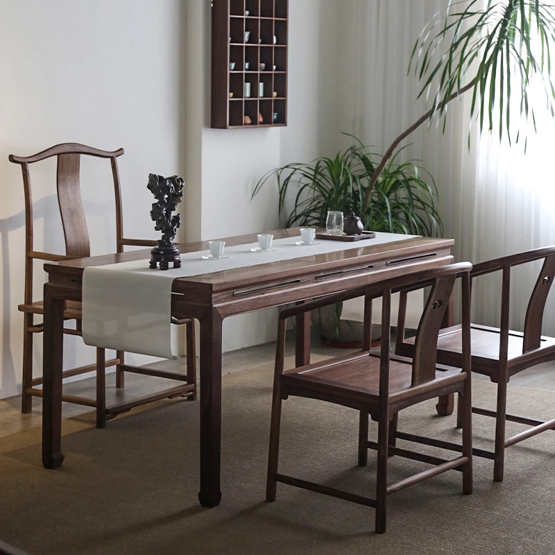 北美黑胡桃木新中式长方形马蹄茶桌原木茶室书桌