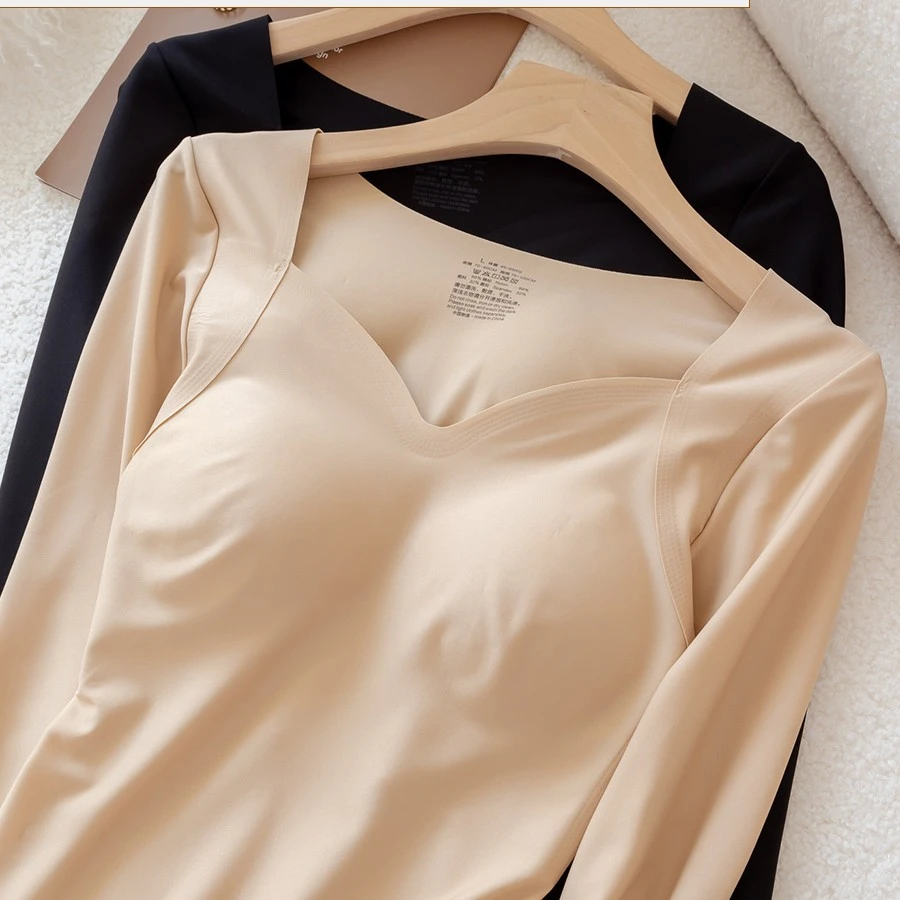 热皮肌底衣保暖内衣女秋衣打底衫无痕带胸垫上衣长袖V领聚拢美体