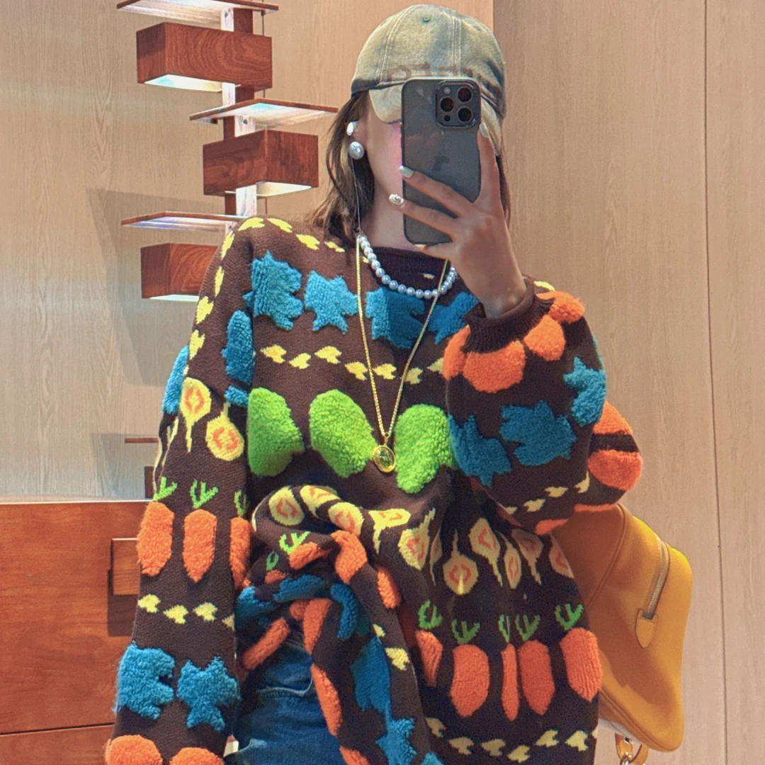 宽松复古时尚圆领上衣森系甜美减龄毛巾绣软糯针织毛衣