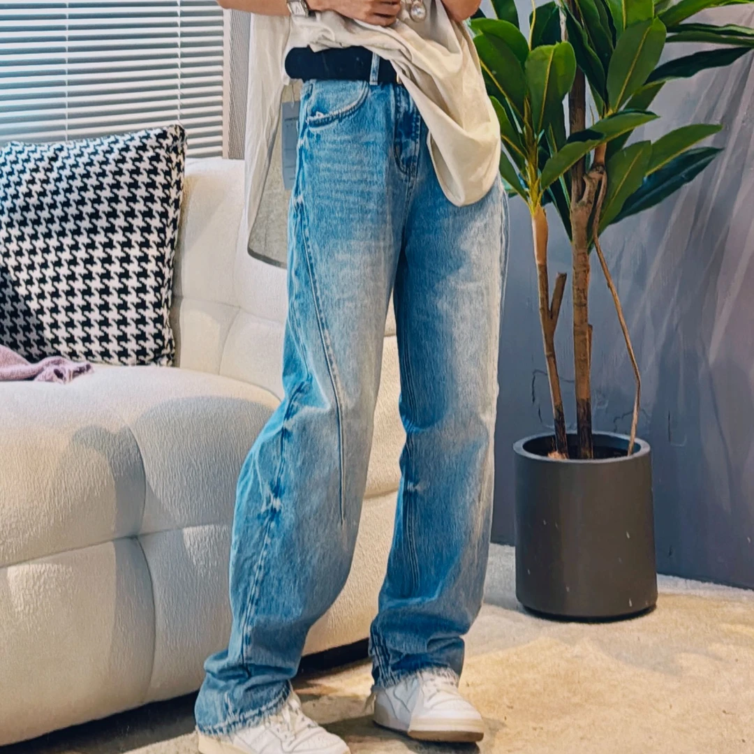 韩版时尚显瘦新款炒纱洗水窄窄高腰牛仔裤