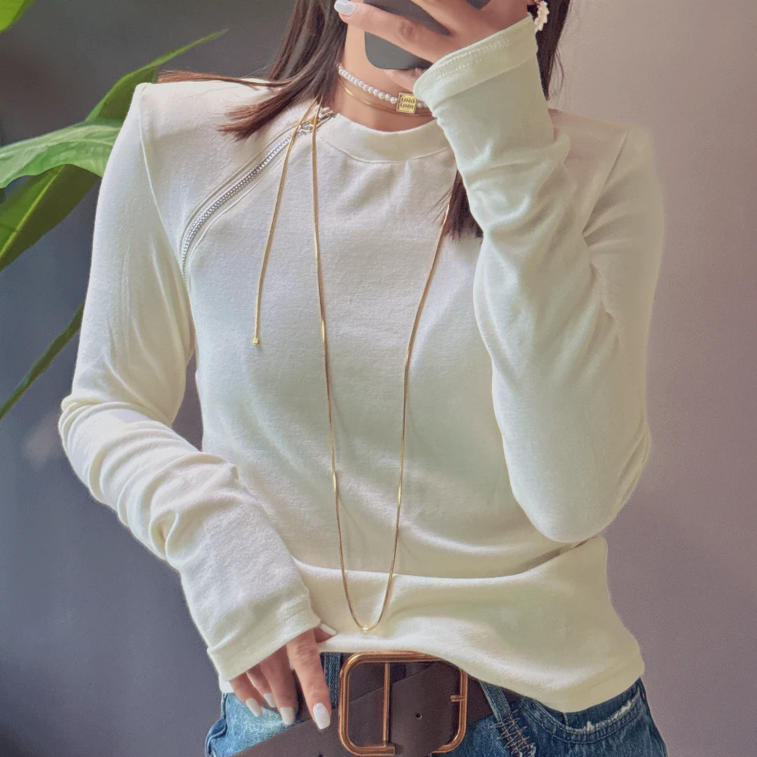 欧货装新款小众百搭垫肩拉链T恤