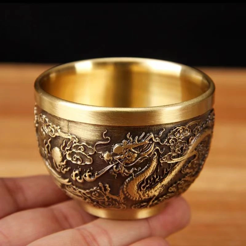 全黄铜龙凤茶杯酒杯家用酒杯供杯纯铜杯子水杯浮雕金属杯