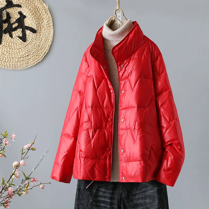 反季清仓轻薄羽绒羽绒服女短款户外宽松百搭冬季棉衣红色RT