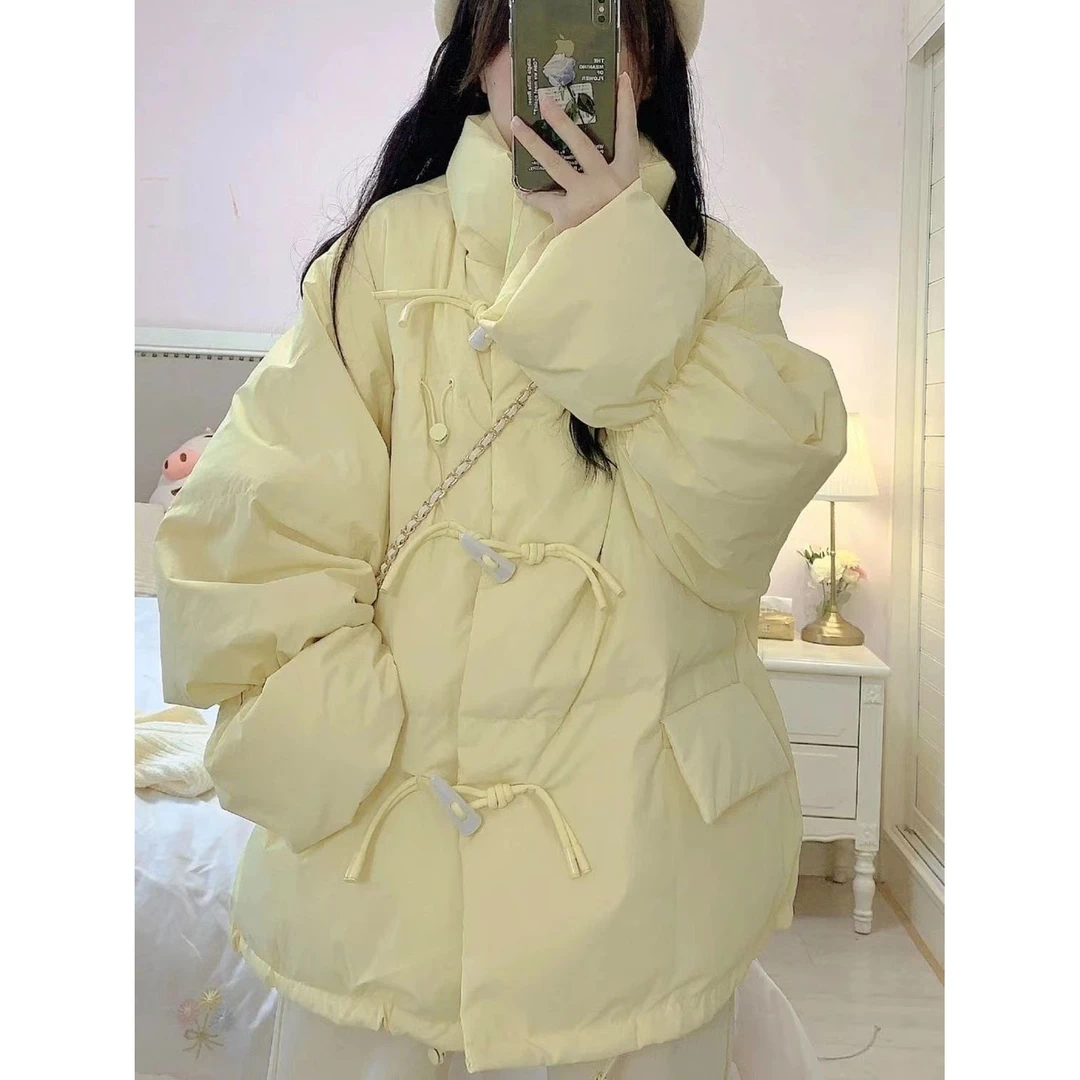 设计感新款羽绒服暖黄色牛角扣面包服外套女冬季ins韩版