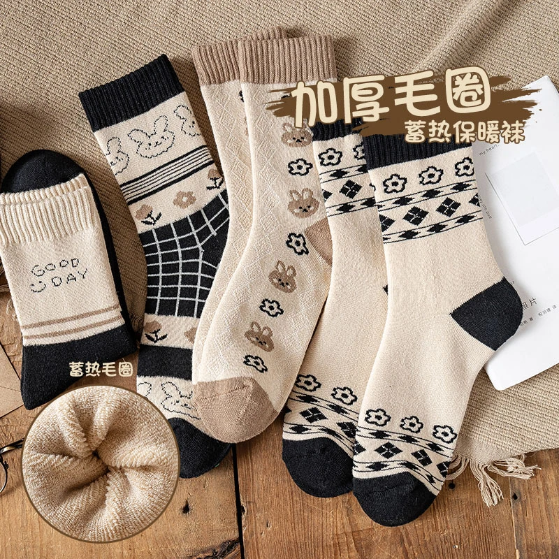 【福利款花田小兔】厚袜子女士秋冬季加绒加厚毛圈中筒雪地袜