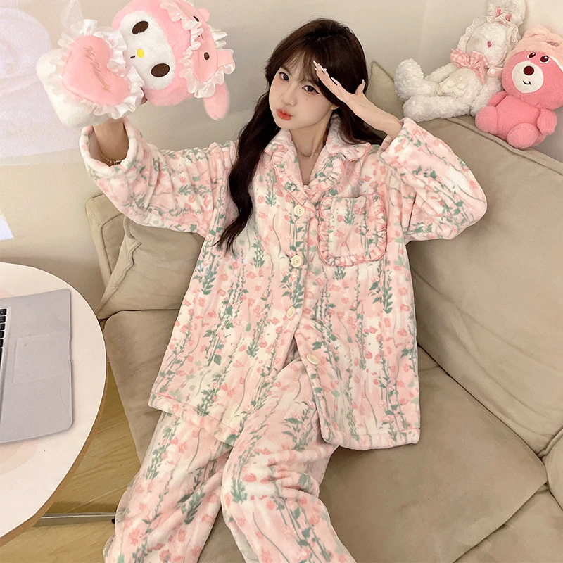 2025秋冬甜美风韩版碎花慕斯暖绒睡衣长袖开衫可外穿宽松家居服