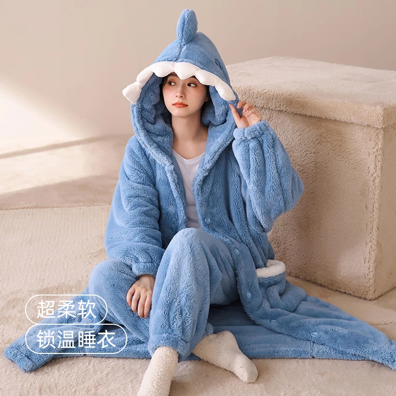 睡衣女秋冬季珊瑚绒加绒加厚睡袍2025年新款长款家居服套装可外穿