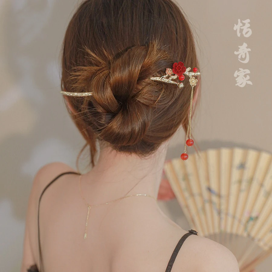 恬奇家 “植绒梅花”中国风树枝高定合金款古风发簪超仙新中式