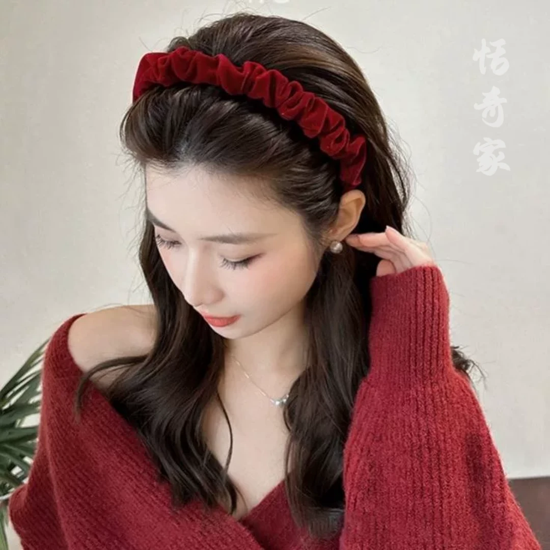 恬奇家4882”红色褶皱“气质简约百搭发箍丝绒秋冬原创设计喜庆纯