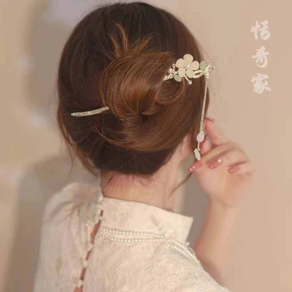恬奇家“精致玉兰花”流苏发簪简约现代盘发步摇簪子简约中式