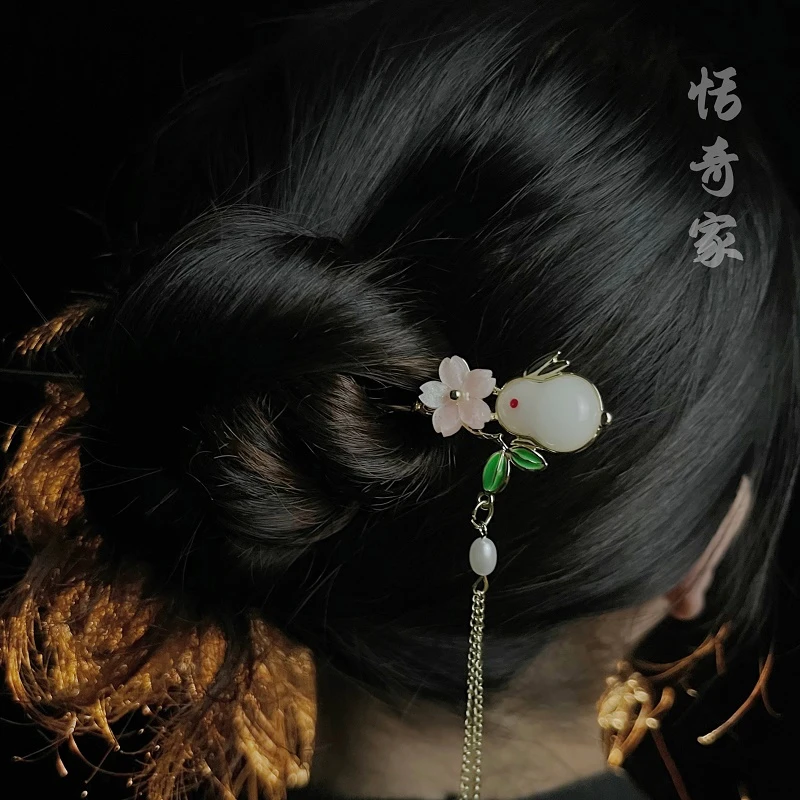 恬奇家“兔年上新”小兔兔花花绿叶发簪国风简约头饰发饰气质