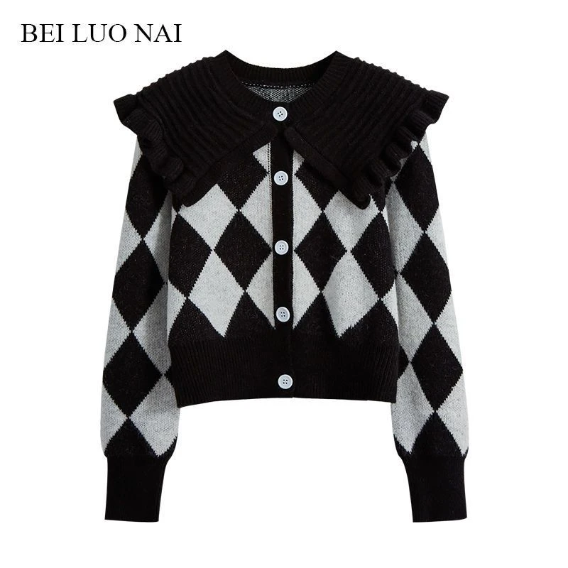 大码女装2025春秋季新款娃娃领菱格毛衣女胖妹妹显瘦针织开衫上衣