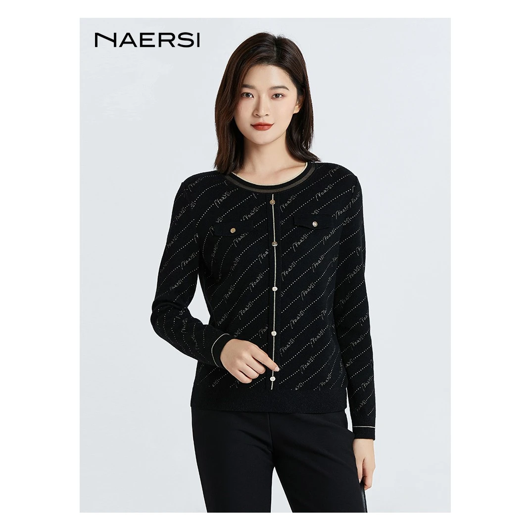 娜尔思商场同款低圆领条纹针织套头品牌印花毛衣春新款NZ02622W0