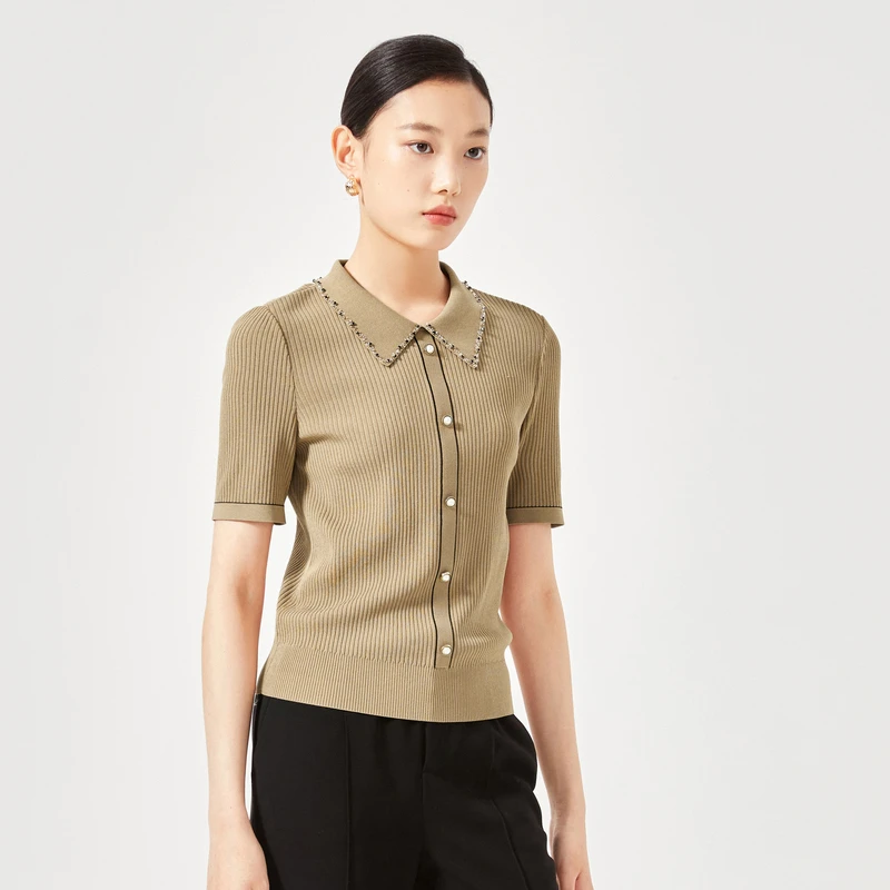 娜尔思新款上衣POLO领五分袖毛针织衫修身毛衫NZ03413E1