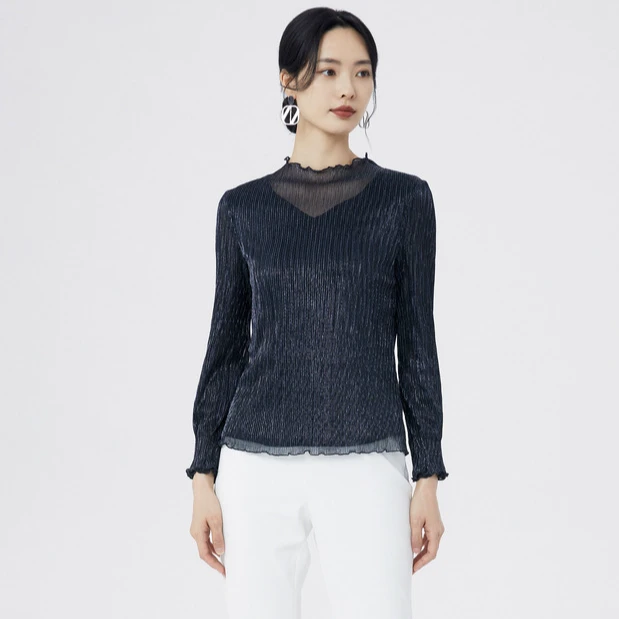 娜尔思水波纹叠透V领时尚百搭长袖套头小衫NM01912Q7