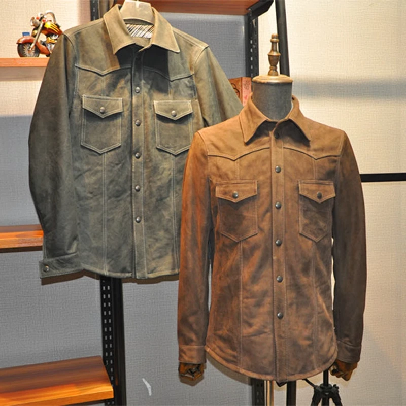 青岛皮衣震撼出品复古做旧欧美中长男士无涂磨砂头层牛皮衬衣