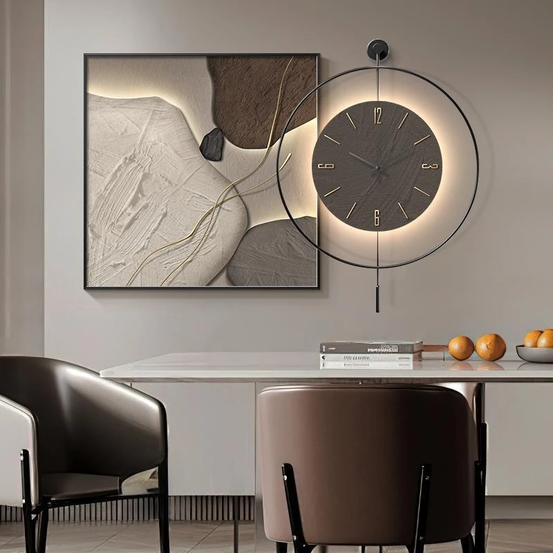 石来运转餐厅装饰画带时钟现代轻奢高级感饭厅挂画餐桌边挂钟挂画