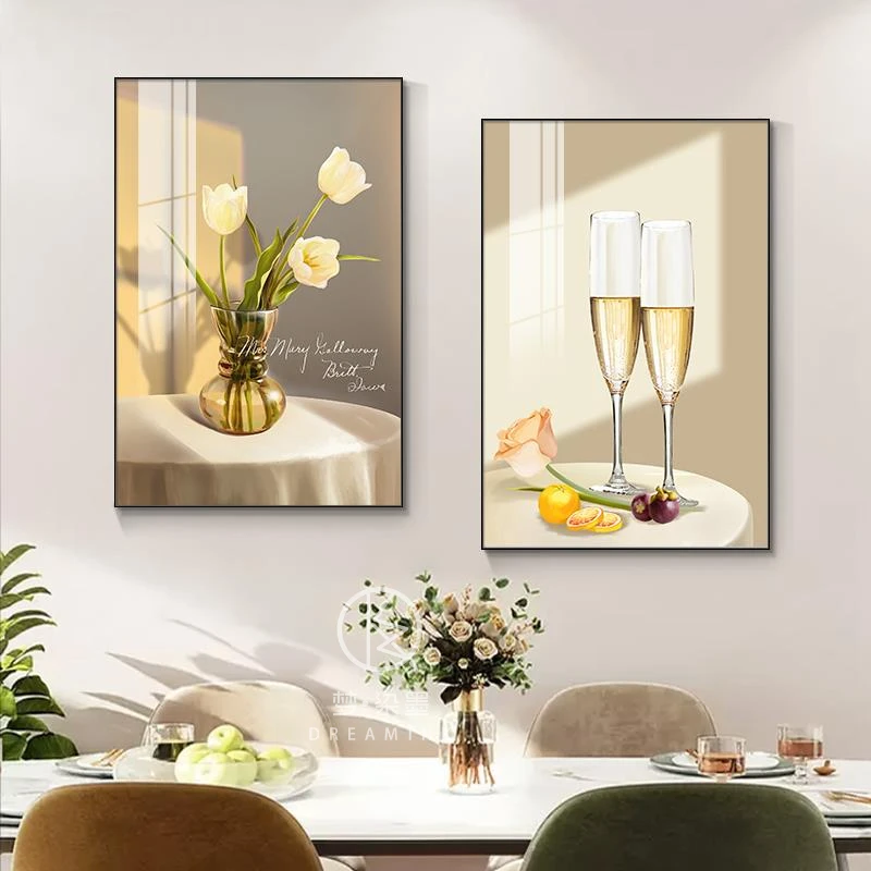 梦染墨现代简约餐厅装饰画轻奢酒杯花卉饭厅挂画客厅餐桌壁画挂画
