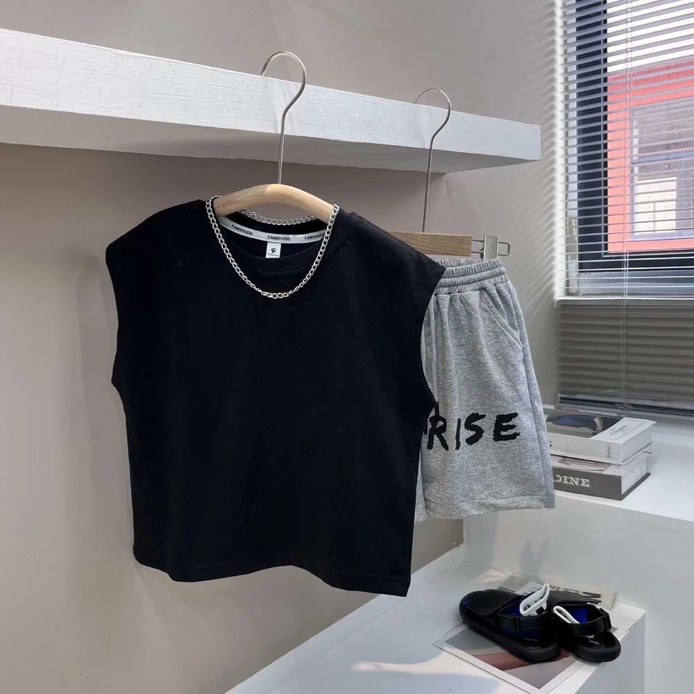 男童黑色背心夏薄款儿童洋气网红短裤套装夏装新儿宝宝儿童秋冬装