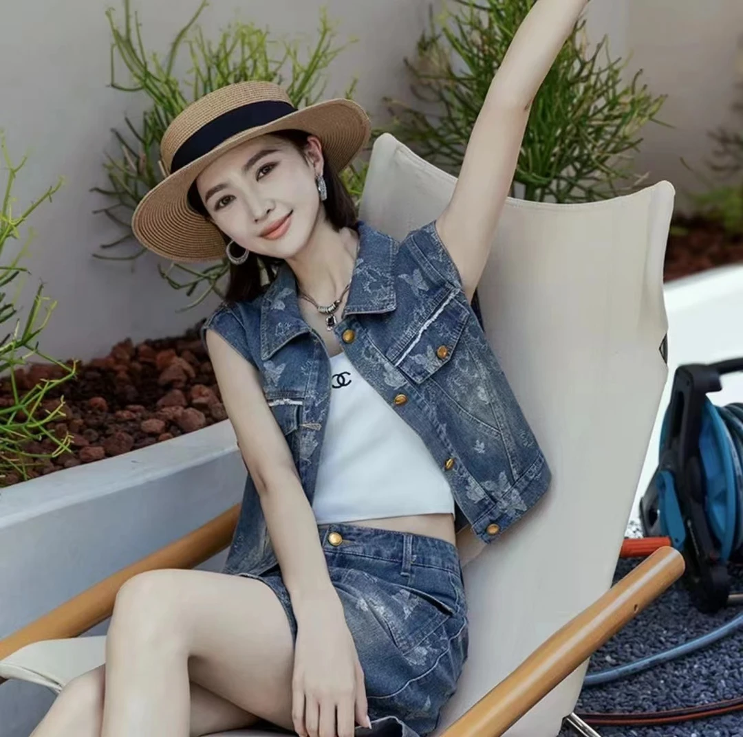 时尚牛仔套装裙欧货时髦复古印花马甲外套高腰半身裙两件套8992