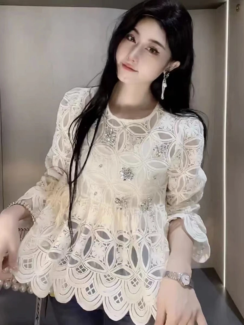 法式重工镶钻镂空刺绣蕾丝衫2023年秋季新款百搭吊带两件套5682