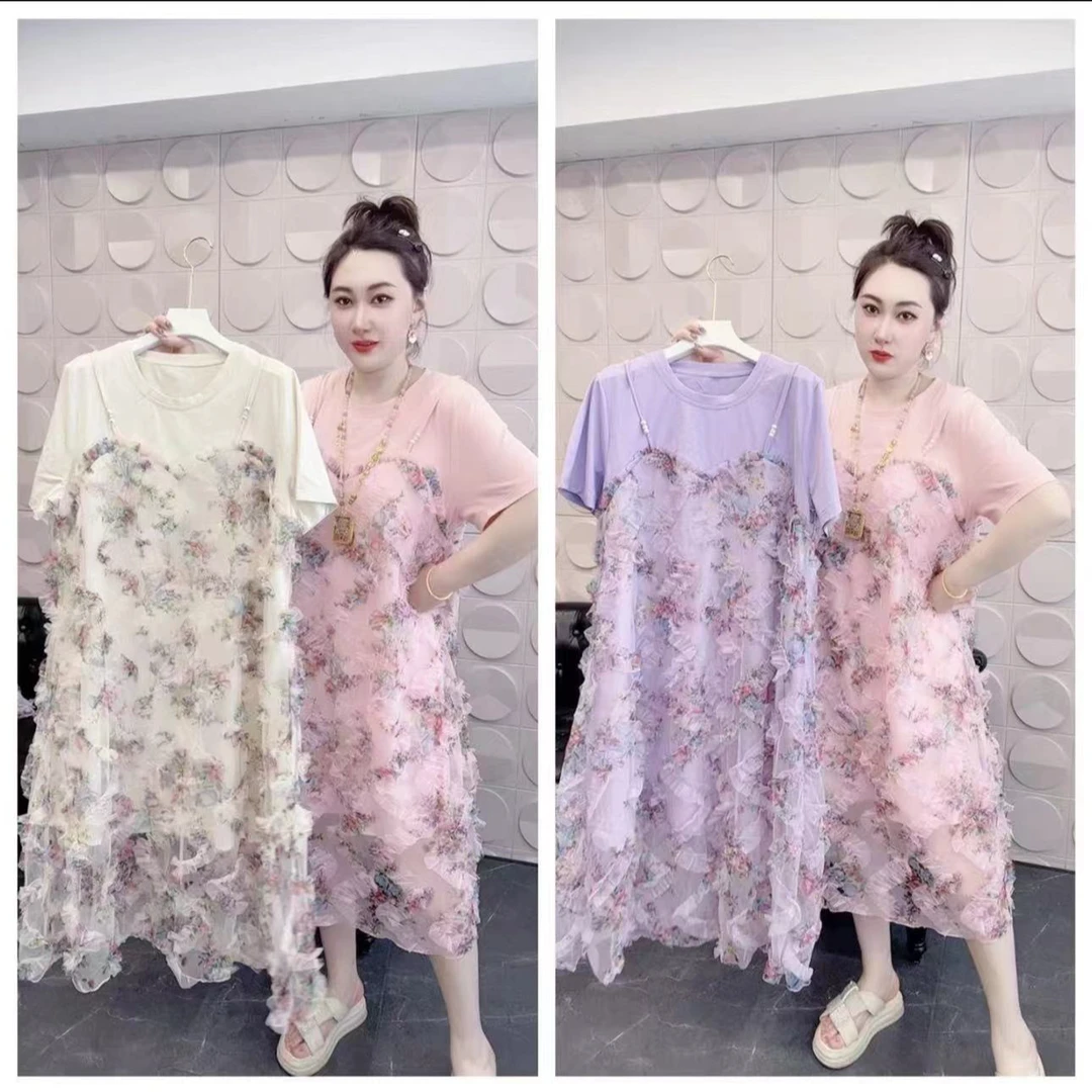 法式独特超好看小个子轻奢高级感假两件拼接印花连衣裙女夏季9139
