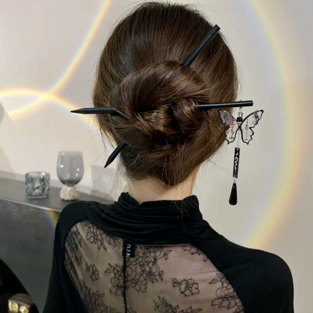 蝴蝶流苏发簪新中式盘发古风汉服发钗高级感旗袍发饰