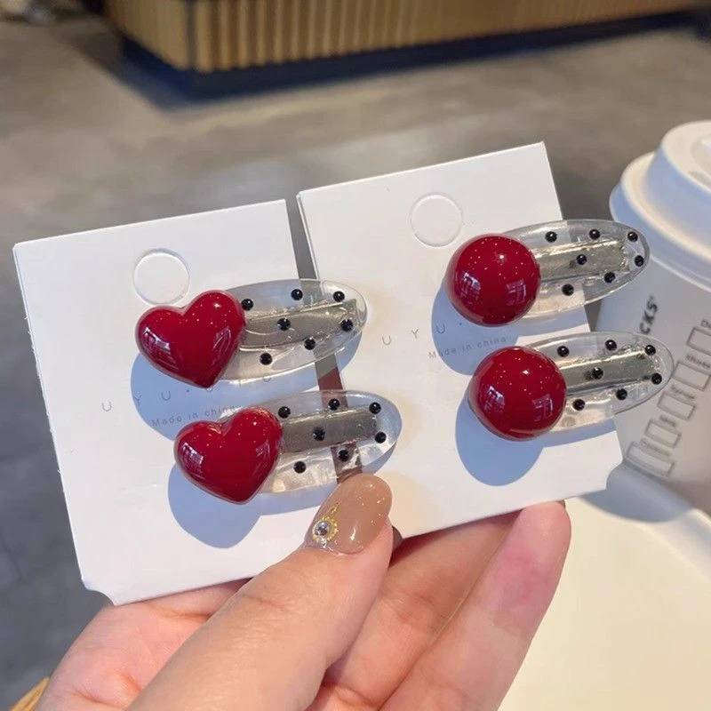 甜美透明波点红色爱心发夹鸭嘴夹高级感百搭侧边夹刘海夹发卡对夹