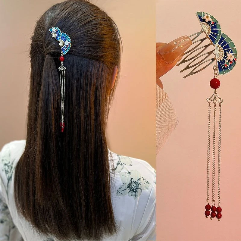 含蓄古风扇子款流苏倒插夹梳国风步摇发簪汉服发梳女发卡盘发头饰