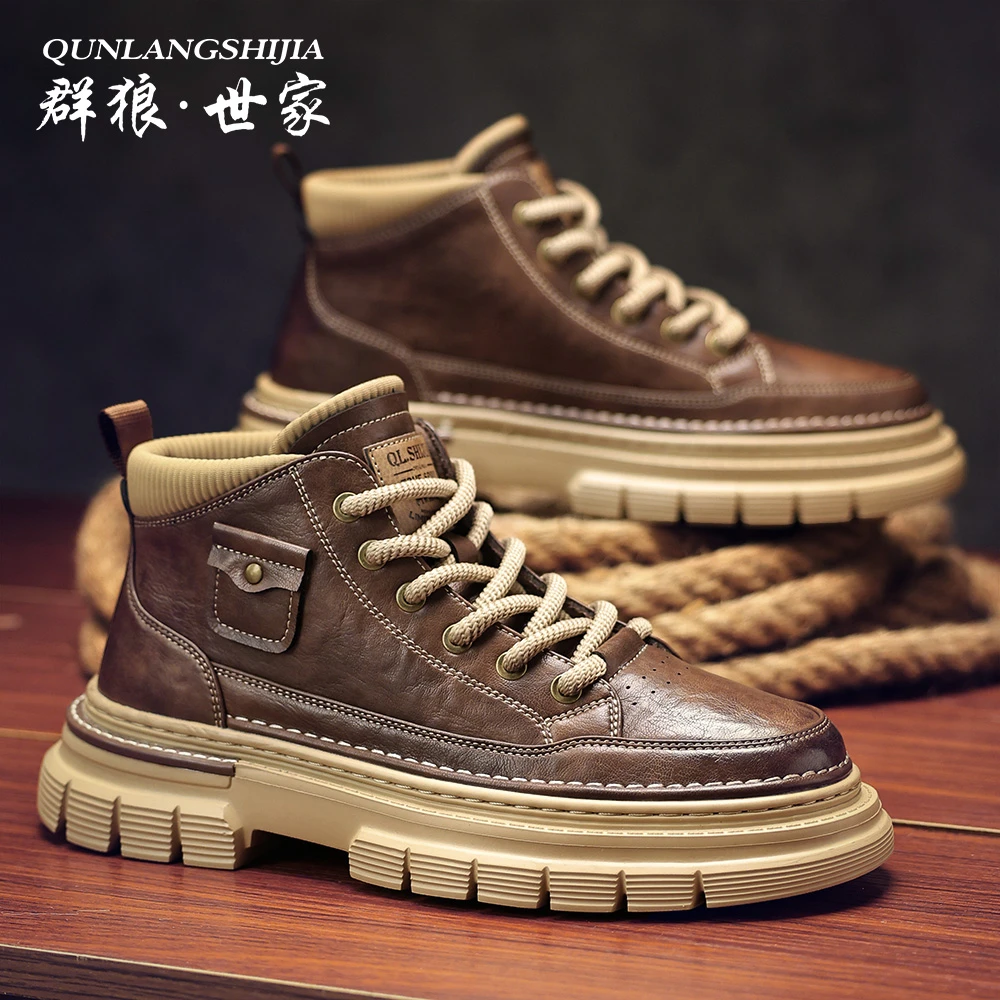 群狼·世家马丁靴男款2024新款靴子复古百搭真皮男士休闲马丁靴