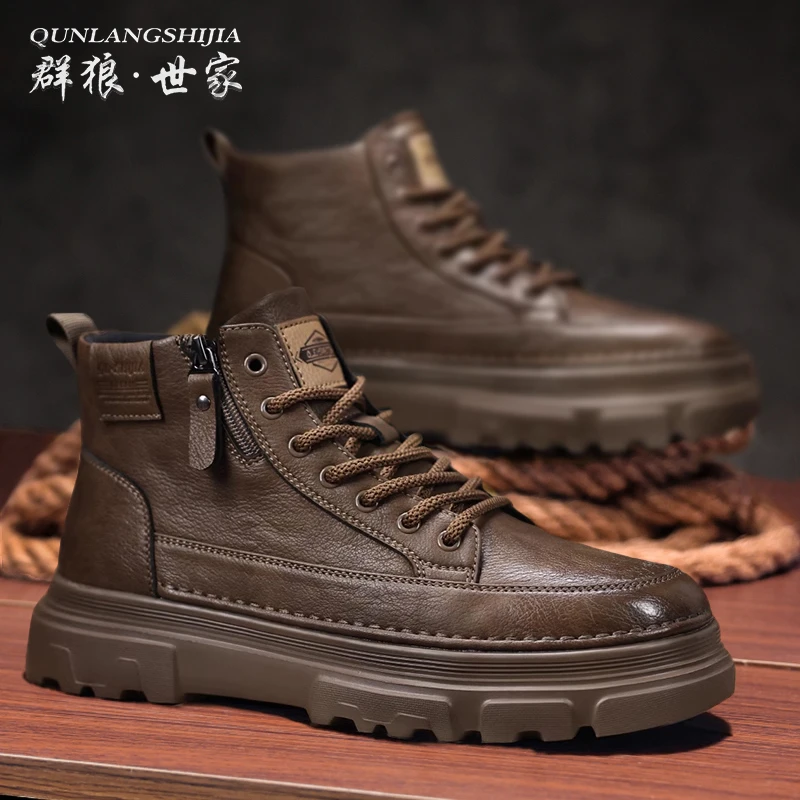 群狼·世家时尚百搭男士马丁靴秋冬加绒厚底中邦户外休闲靴真皮