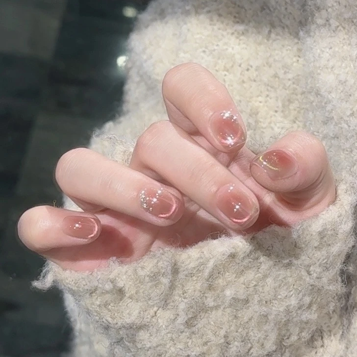 【好久梅见】三仟手工穿戴甲 双色法式猫眼腮红款 拼钻气质秋冬美甲