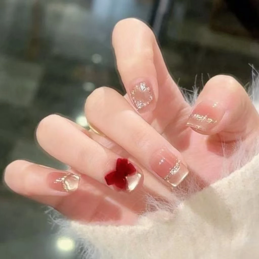 【嗲系千金】三仟手工穿戴甲 丝绒蝴蝶结千金气质款式 精致法式美甲