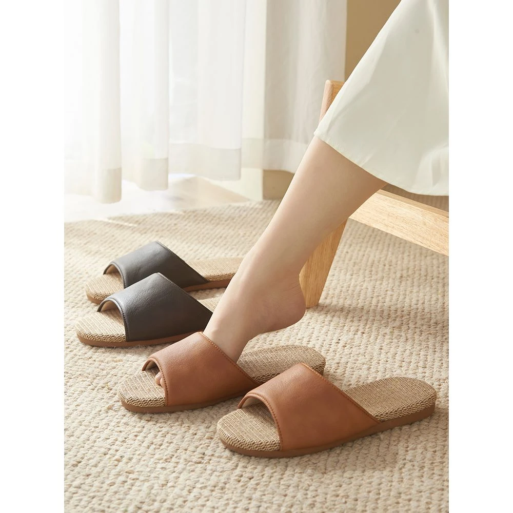 高端亚麻拖鞋女士夏季室内居家用pu皮防滑办公室四季外穿男牛筋底