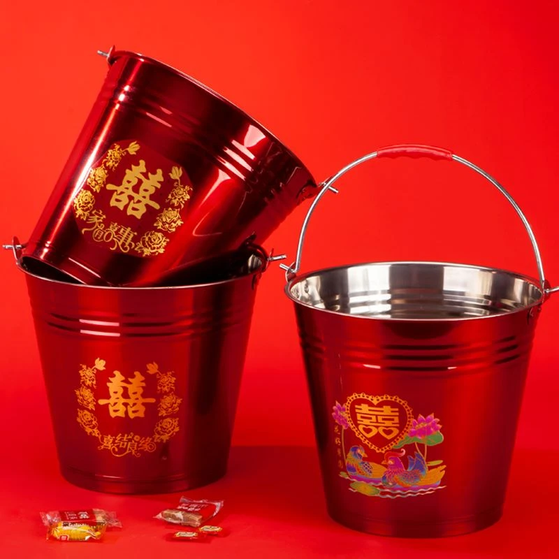 加厚不锈钢喜桶一对结婚子孙桶新娘陪嫁用品红色水桶婚庆红桶桶子