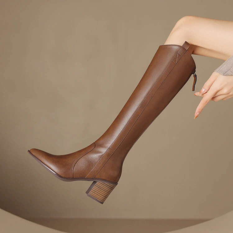 牛皮跟7cm复古尖头粗跟骑士靴女不过膝V口高跟真皮长筒靴