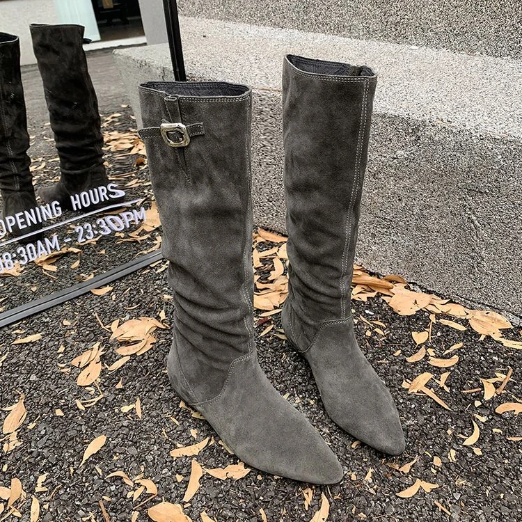 牛反绒复古尖头扣带时装靴女堆堆靴瘦瘦靴真皮中高筒西部牛仔靴