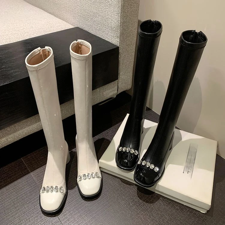 牛皮6Cm水钻装饰圆头粗跟后拉链简单设计秋冬高跟优雅百搭长靴