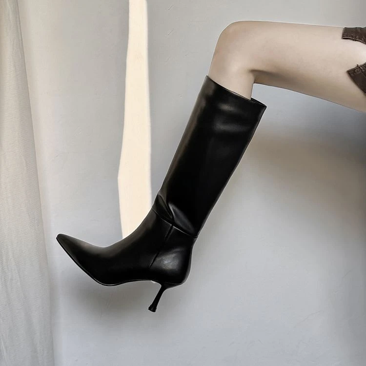 法式气质~7cm细跟高筒靴女冬季尖头直筒宽松长筒靴显瘦长筒靴