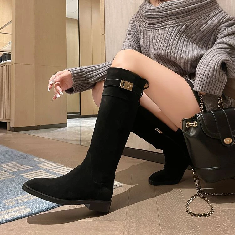 法式新款百搭复古小方头绒面矮跟厚底长靴粗跟秋冬时装长筒骑士靴