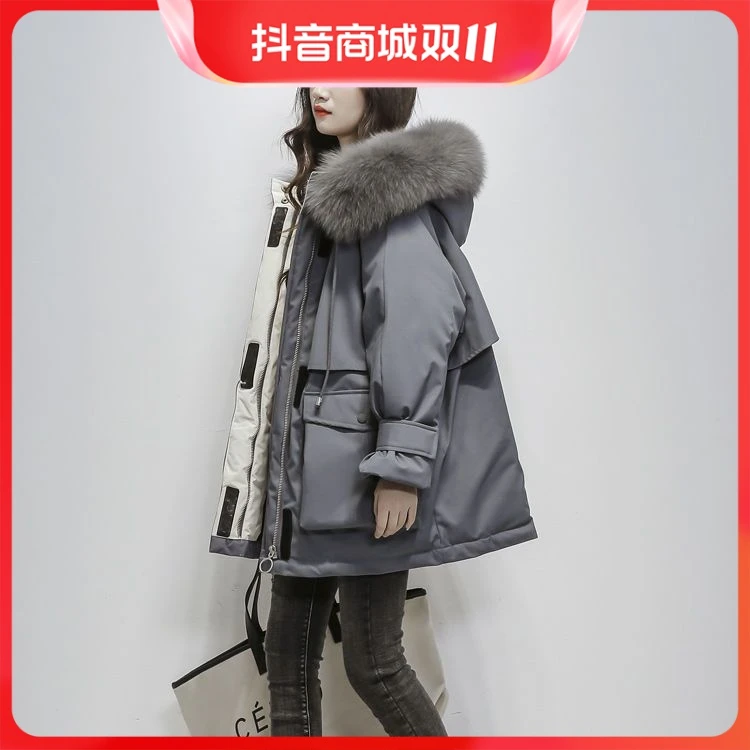 时尚登派克服女中长款韩版2023服女宽松加厚大毛领棉衣