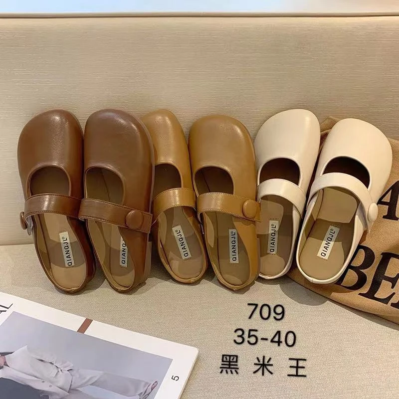709 时尚百搭夏季软底复古春夏包头平底玛丽珍厚底韩版方头单鞋