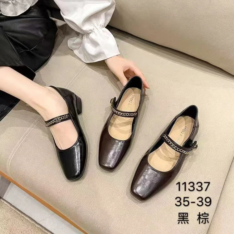 11337时尚百搭复古法式粗跟方头黑棕软底春季春夏平底浅口单鞋